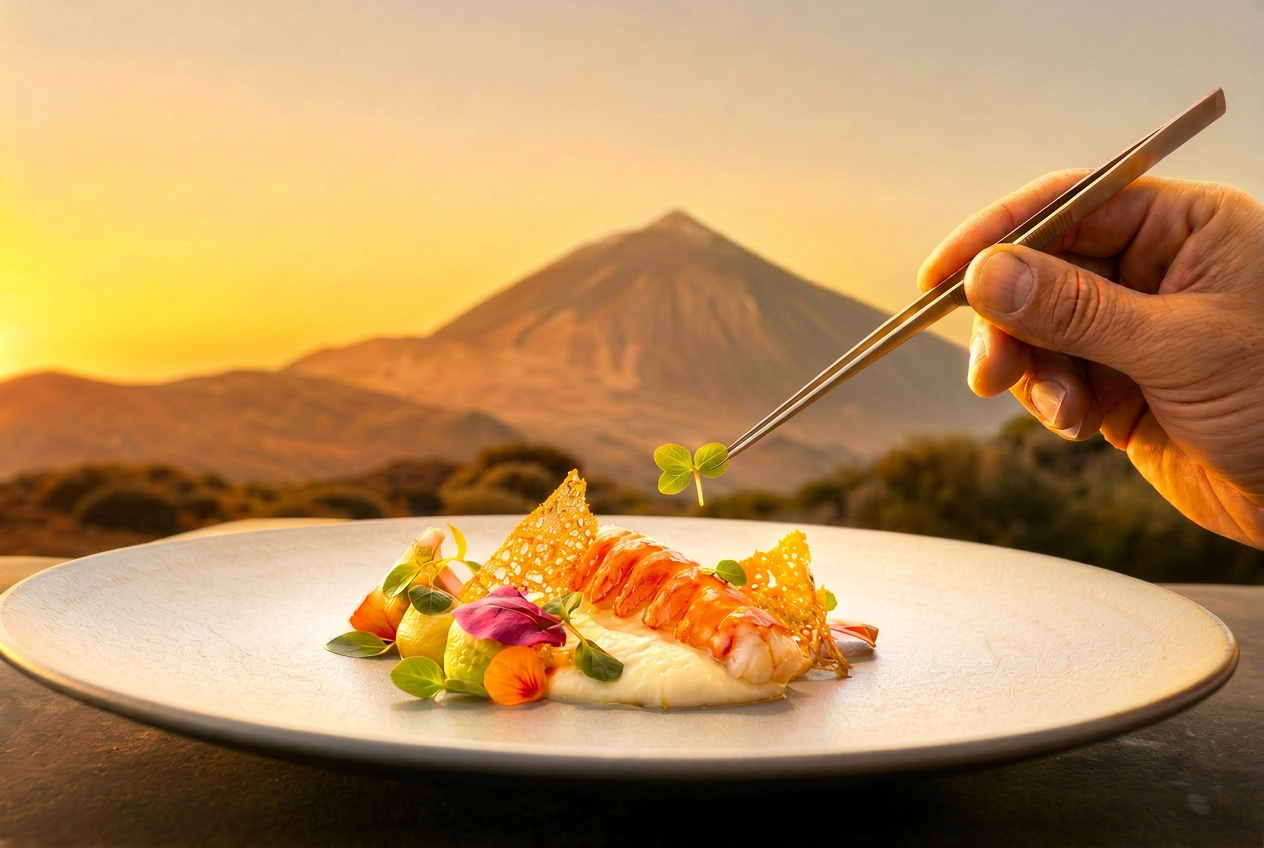 Plato gourmet de alta cocina canaria con el Teide al atardecer de fondo